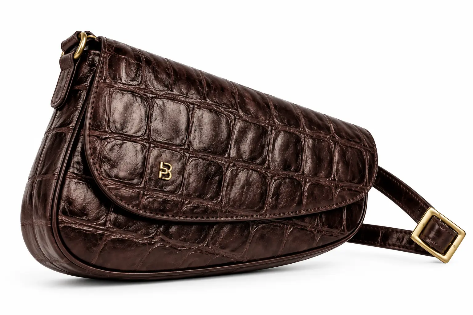 Belluga Croco Classy BCR043 bruine crossbodytas met krokodillenreliëf, afgeronde klep en goudkleurige details.