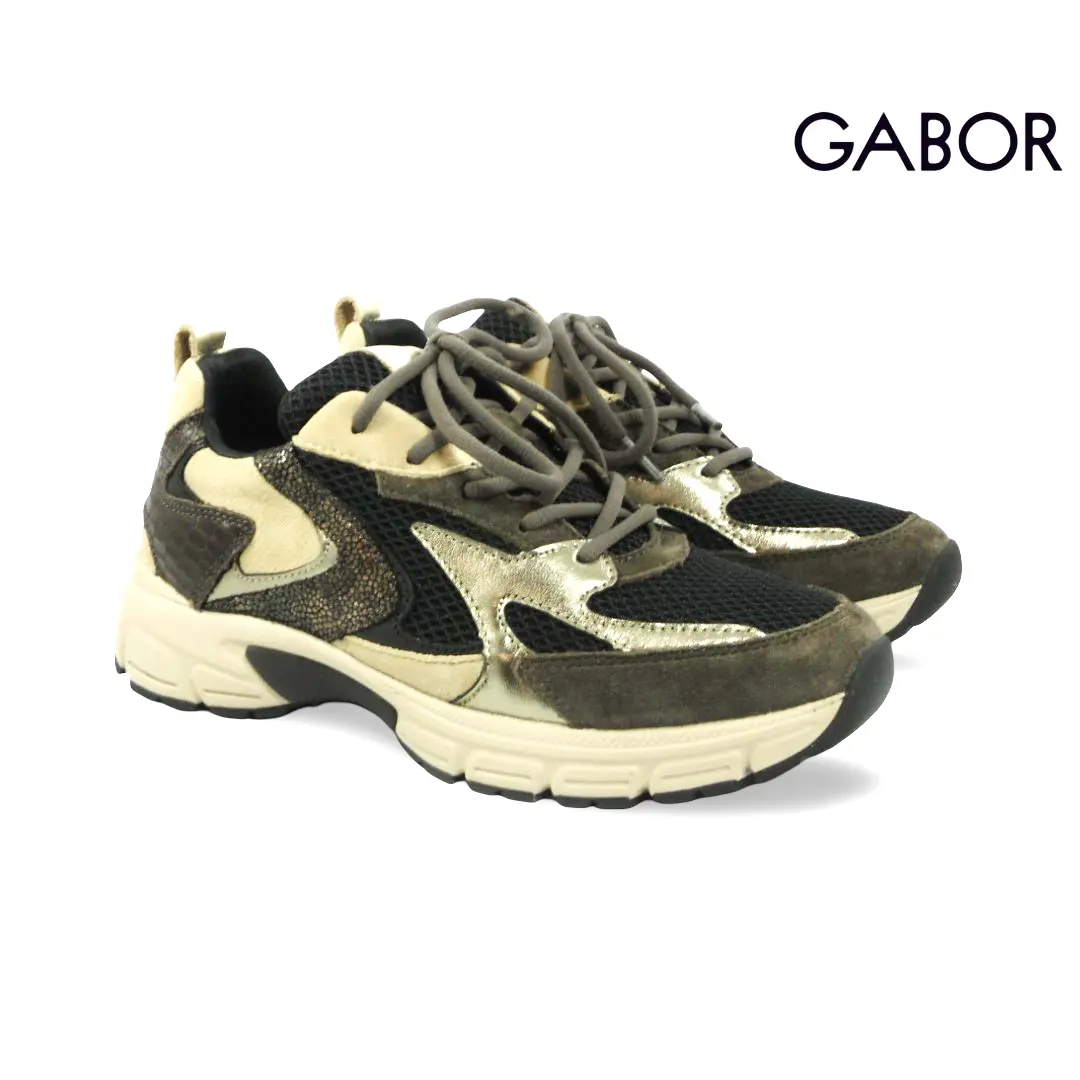 Gabor 6005.01 chunky sneakers in zwart en bruin met metallic accenten, mesh details en sportieve profielzool.