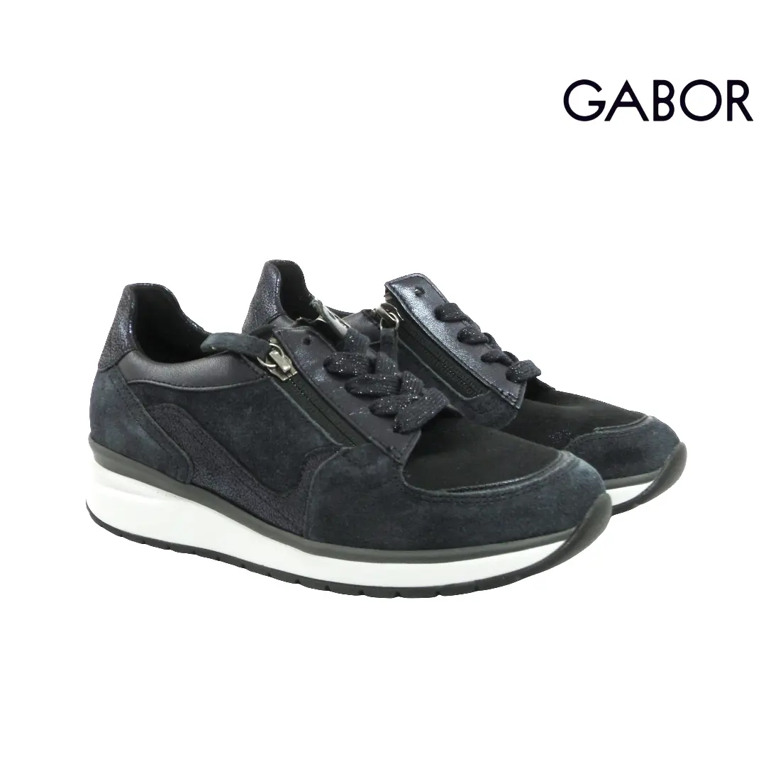 Donkerblauwe sneakers van Gabor met rits, veters en witte zool, in extra wijdte K voor bredere voeten.