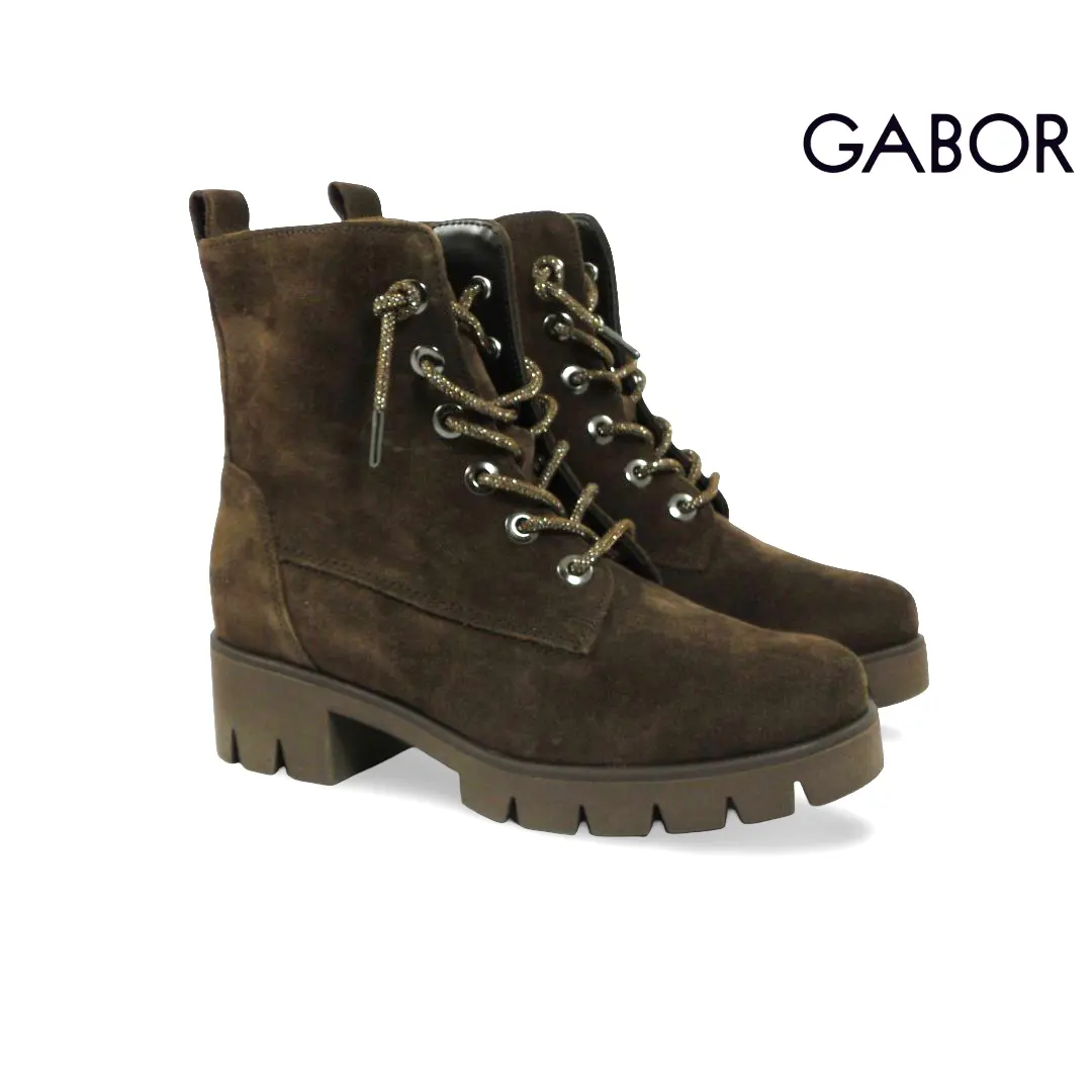 Gabor 8018.02-006 veterboots in donkerbruin suède met metallic veters, metalen veterogen en chunky profielzool.