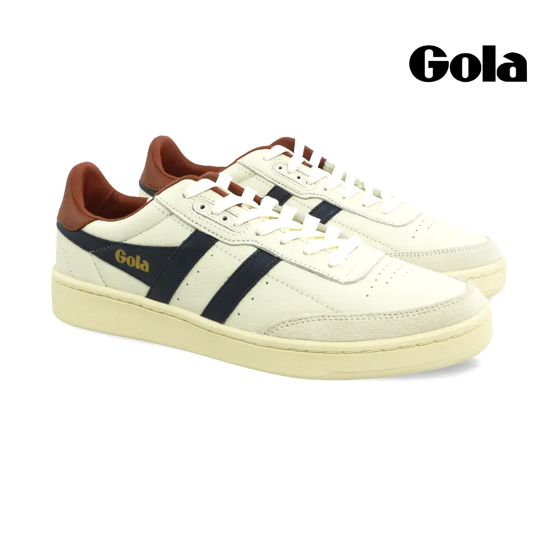 Gola CMB261 sneaker wit met navy strepen en roestkleurige hiel.