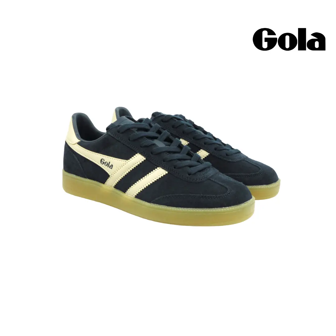 Gola CMB735EC heren sneakers in donkerblauw suède met crèmekleurige strepen, vetersluiting en gumzool.