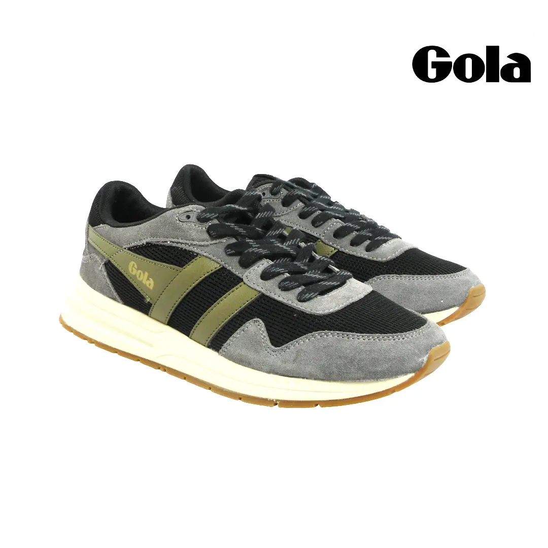 Gola heren sneakers in zwart, grijs en kaki met suède en mesh, EVA-zool en vetersluiting.