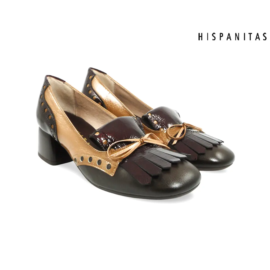 Hispanitas CHI265202 dames pumps in Espresso, Almond en Bordeaux met franjes, strikdetail en comfortabele blokhak
