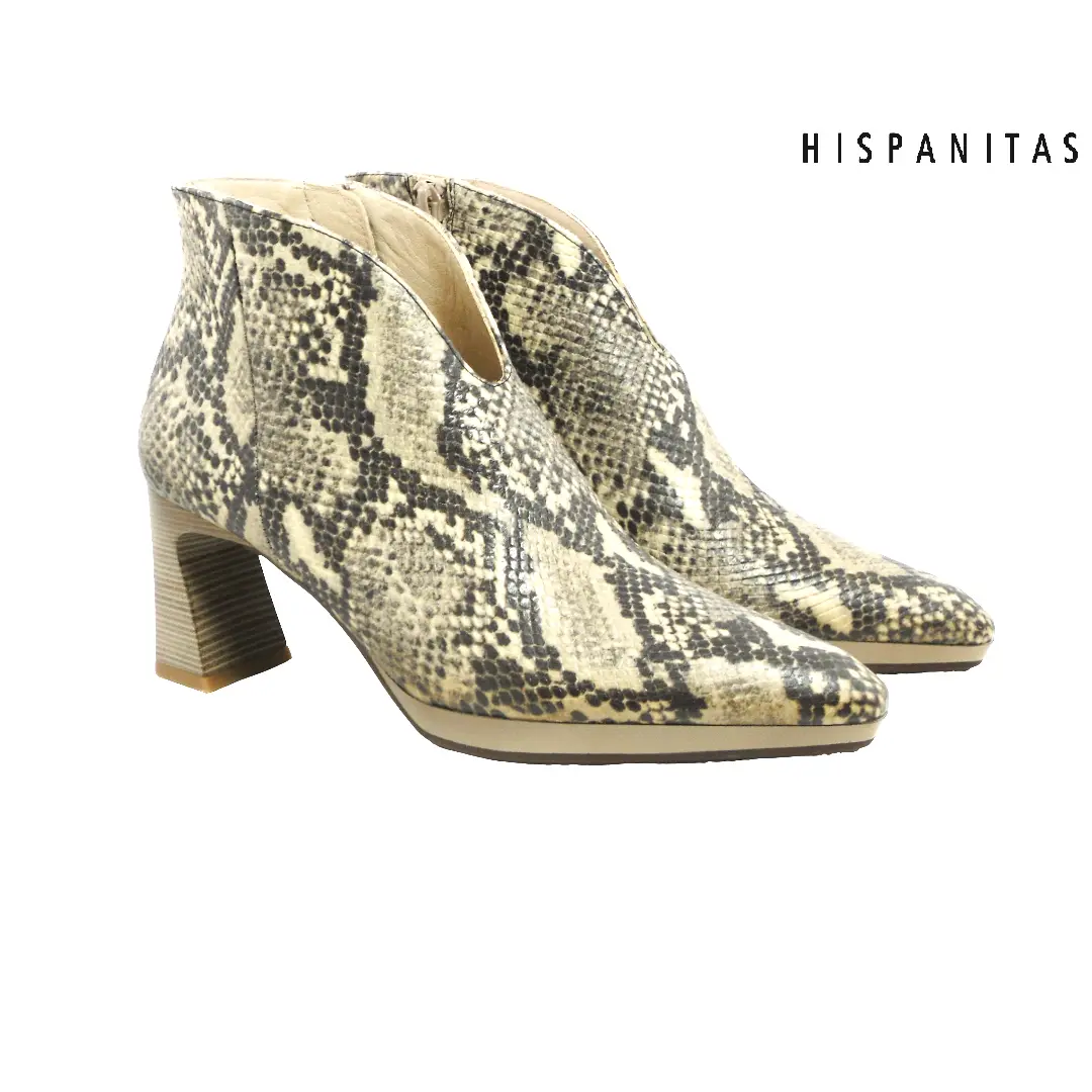 Hispanitas HI254270 – dames enkellaarsjes in slangenprint beige en zwart met blokhak en spitse neus.