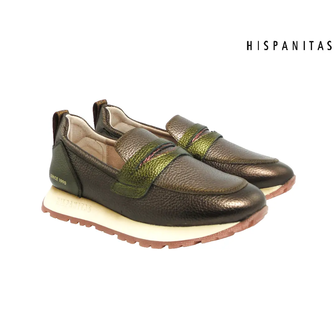 Hispanitas metallic bronzen loafers met groene leren band en comfortabele zool.