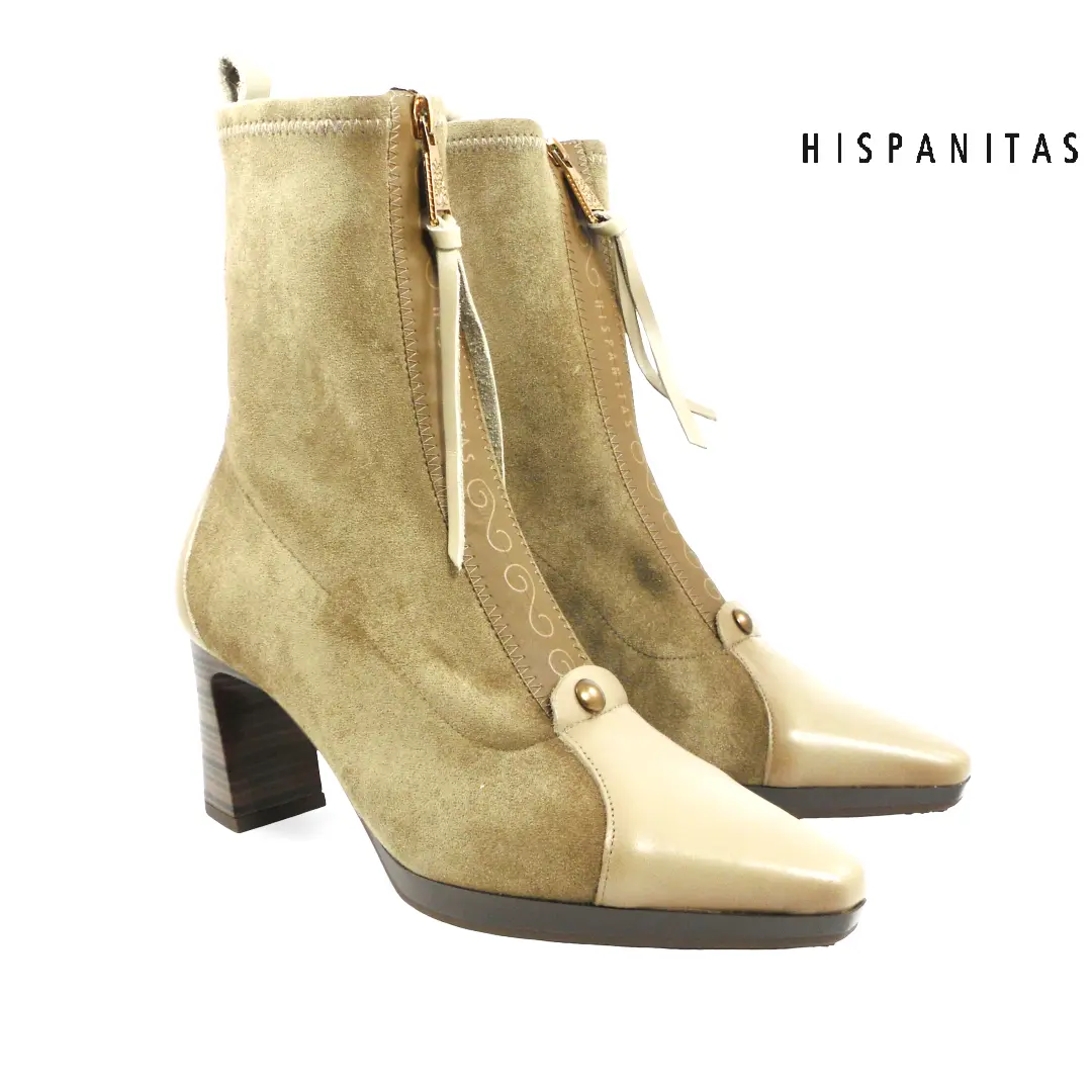 Hispanitas HI265085 enkellaarsjes in taupe en beige met hoge blokhak, ritssluiting op de wreef en elegante spitse neus