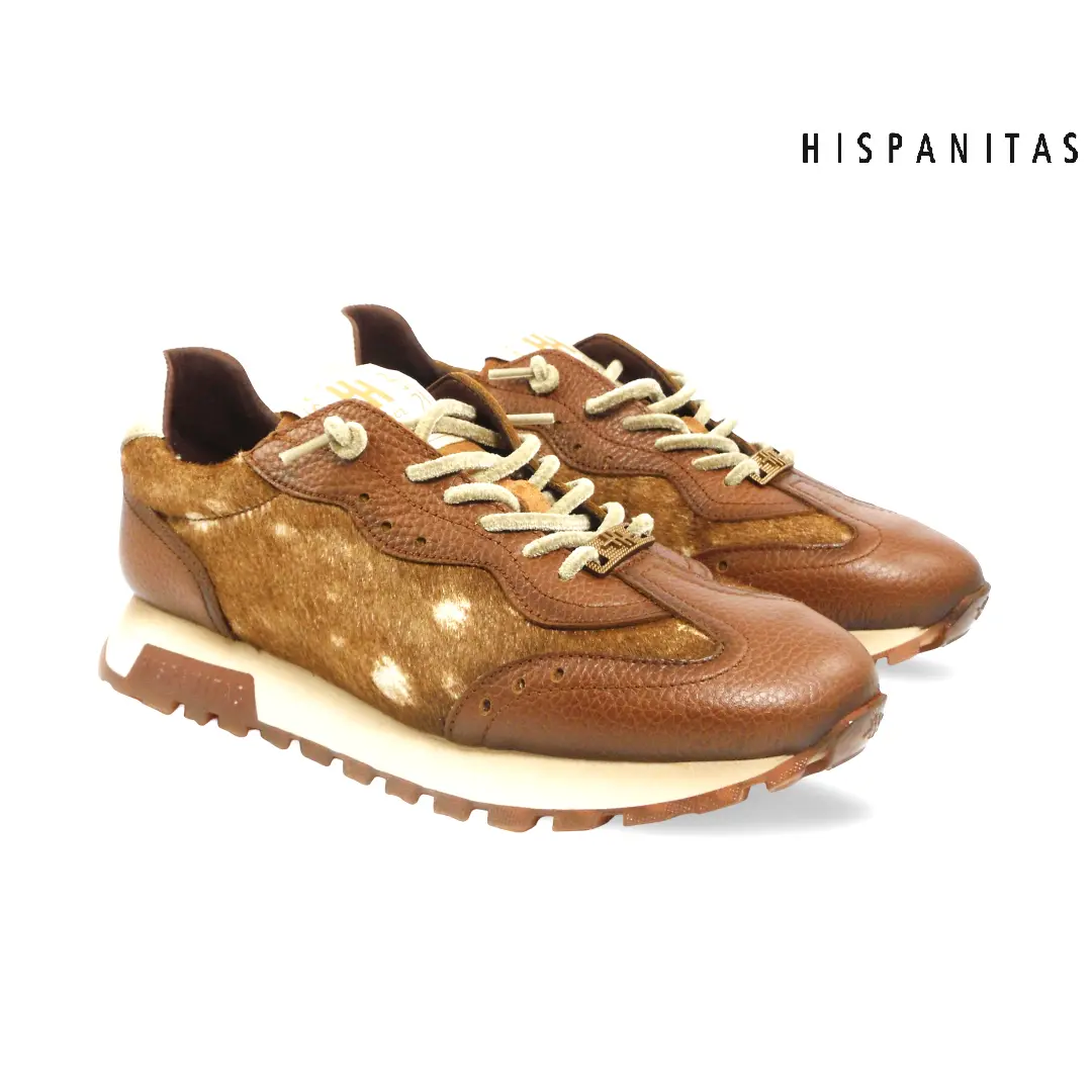 Hispanitas HI265106 Cuero dames sneakers in cognacbruin met metallic ponyhair-look, crèmekleurige veters en sportieve profielzool