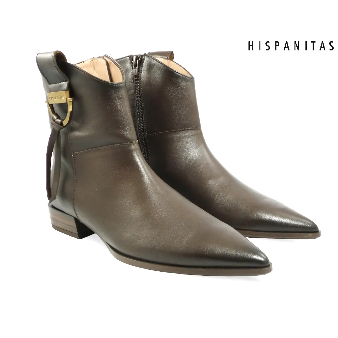 Hispanitas HI265230 Espresso dames enkellaarsjes in donkerbruin met spitse neus, lage hak, ritssluiting en goudkleurig sierdetail