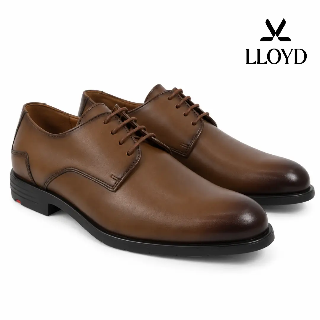 Lloyd 25-508 bruine heren veterschoenen met glad bovenwerk en zwarte zool.