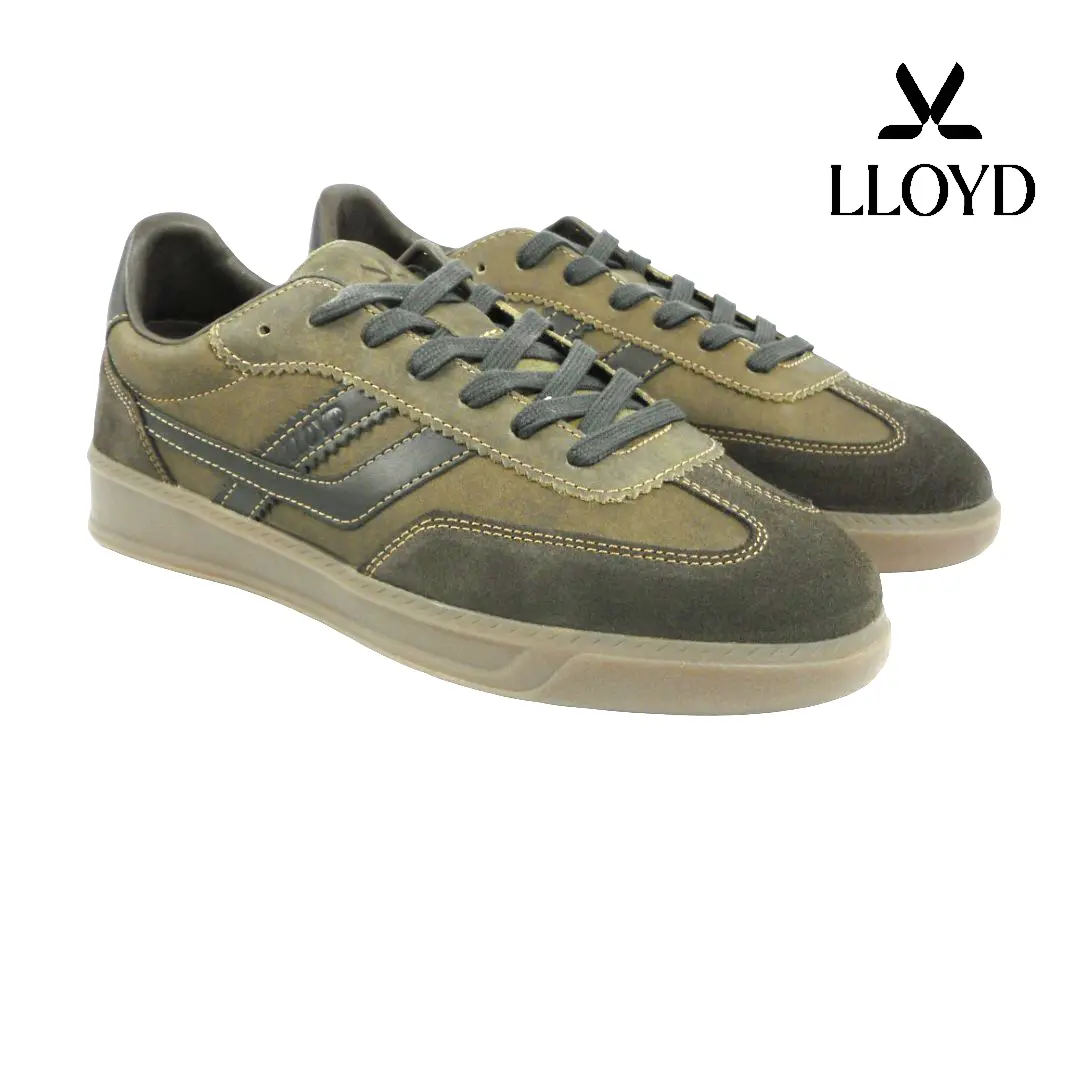 Lloyd 26-618 heren sneakers in olijfgroen en donkerbruin met suède details, vetersluiting en lichte zool.