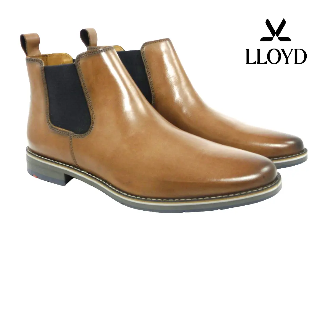 Lloyd 26-629 cognac heren Chelsea boots in glad leder met zwarte elastische zijpanelen en elegante lage zool