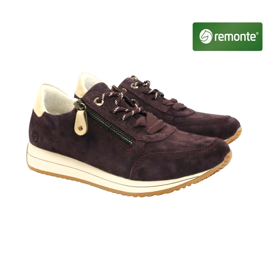 Remonte D0H19-30 dames sneakers in donkerpaars suède met dubbele vetersluiting, zijrits en lichte sportieve zool.