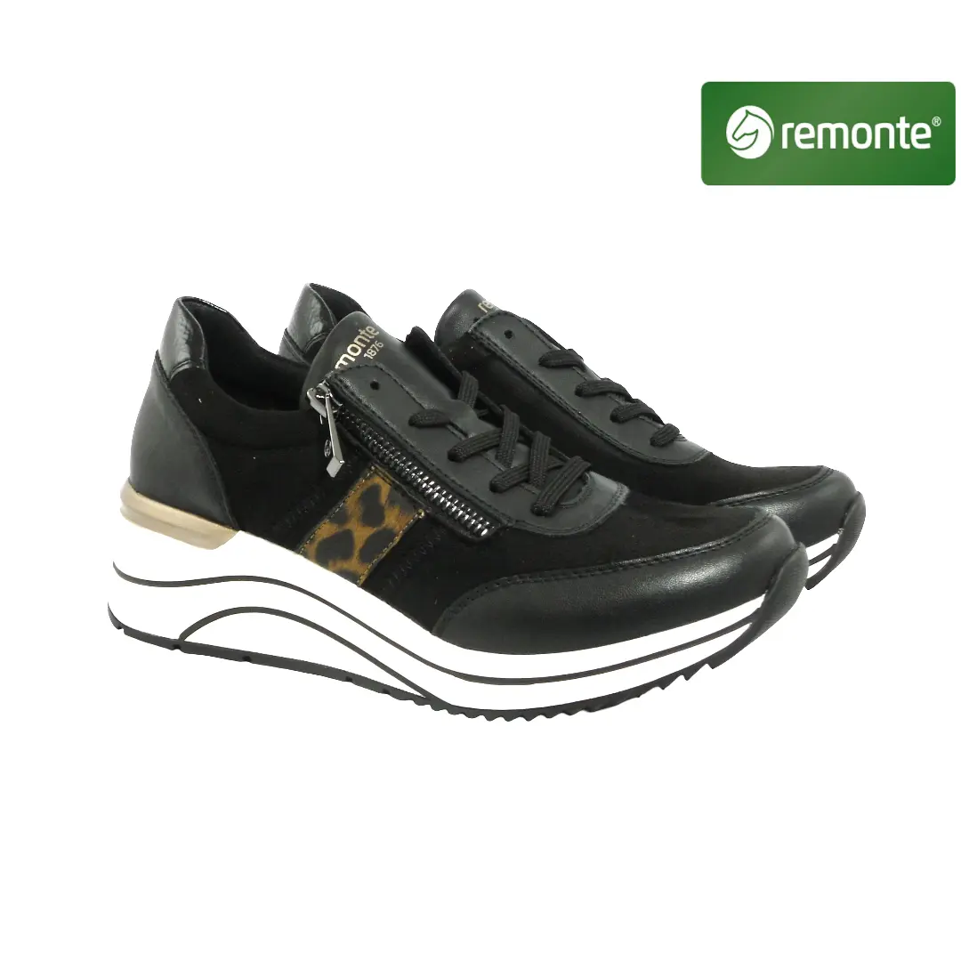 Remonte zwarte sneakers met plateauzool, ritssluiting en panterprint detail