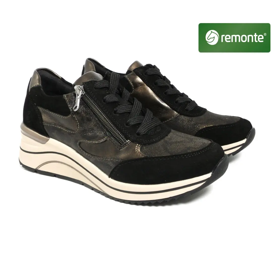 Remonte zwarte sneakers met plateauzool, veters en ritssluiting