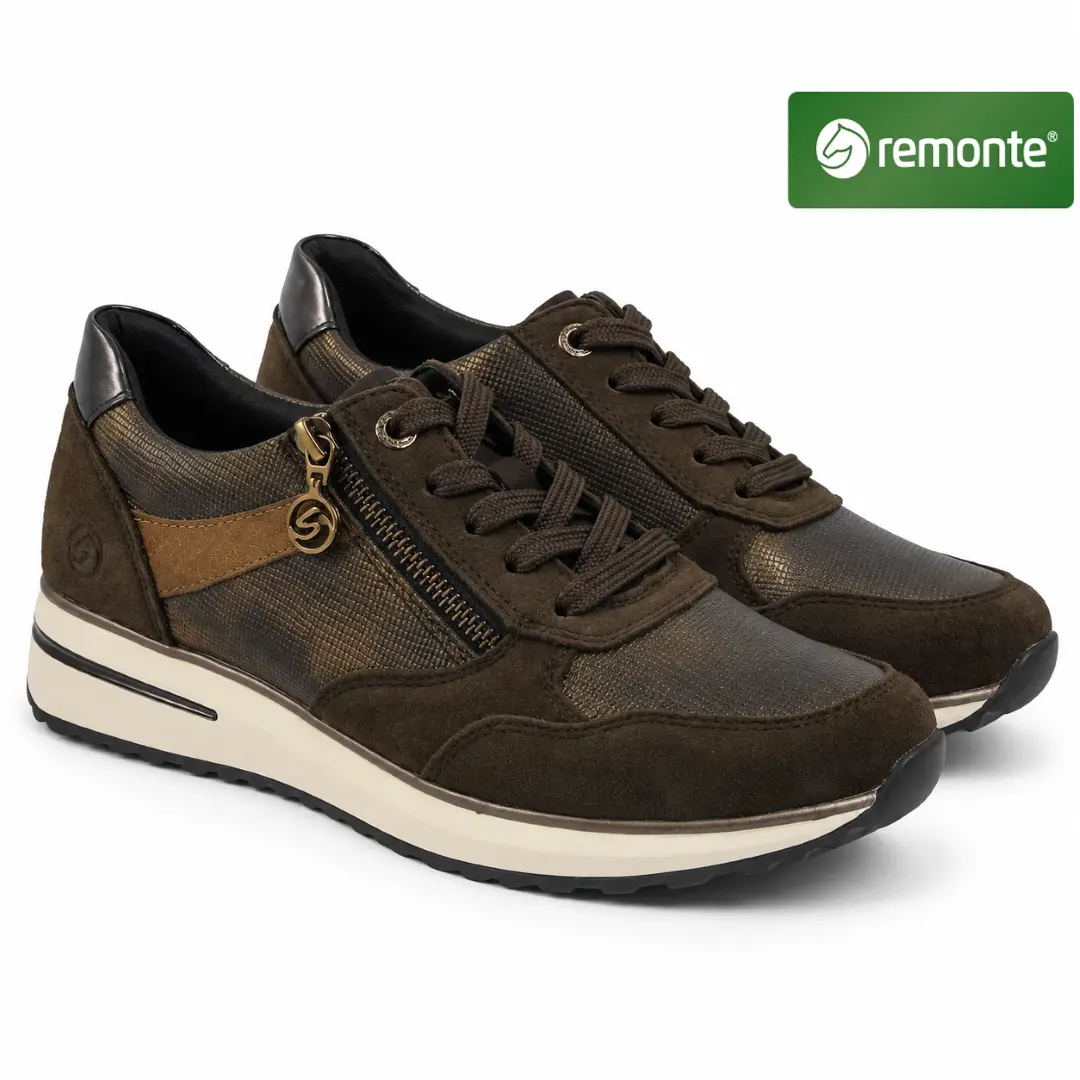 Remonte D1G08 damessneaker in donkerbruin met metallic details, suède accenten, veters en zijrits.