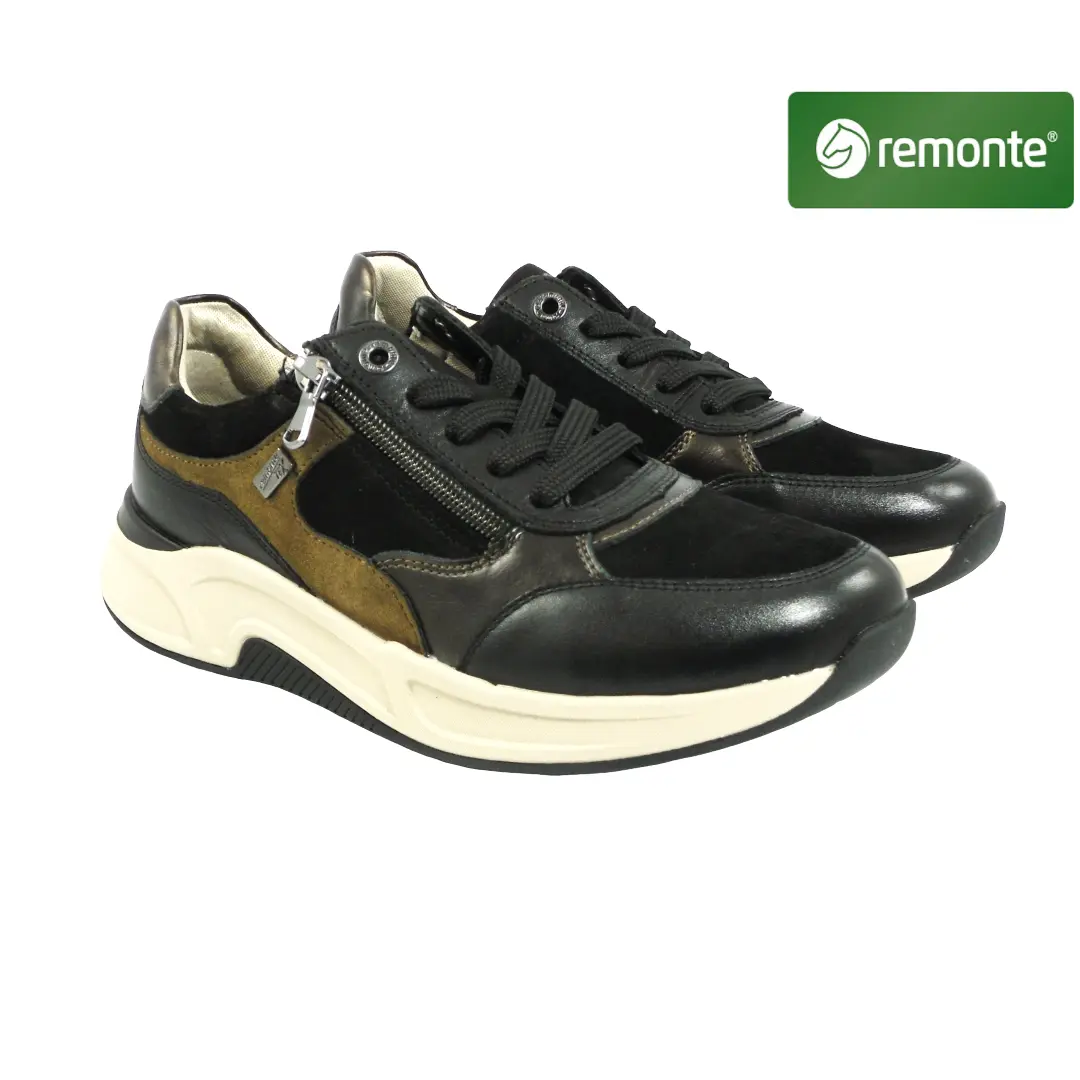 Remonte zwarte sneakers met bruine accenten, veters, ritssluiting en comfortabele zool