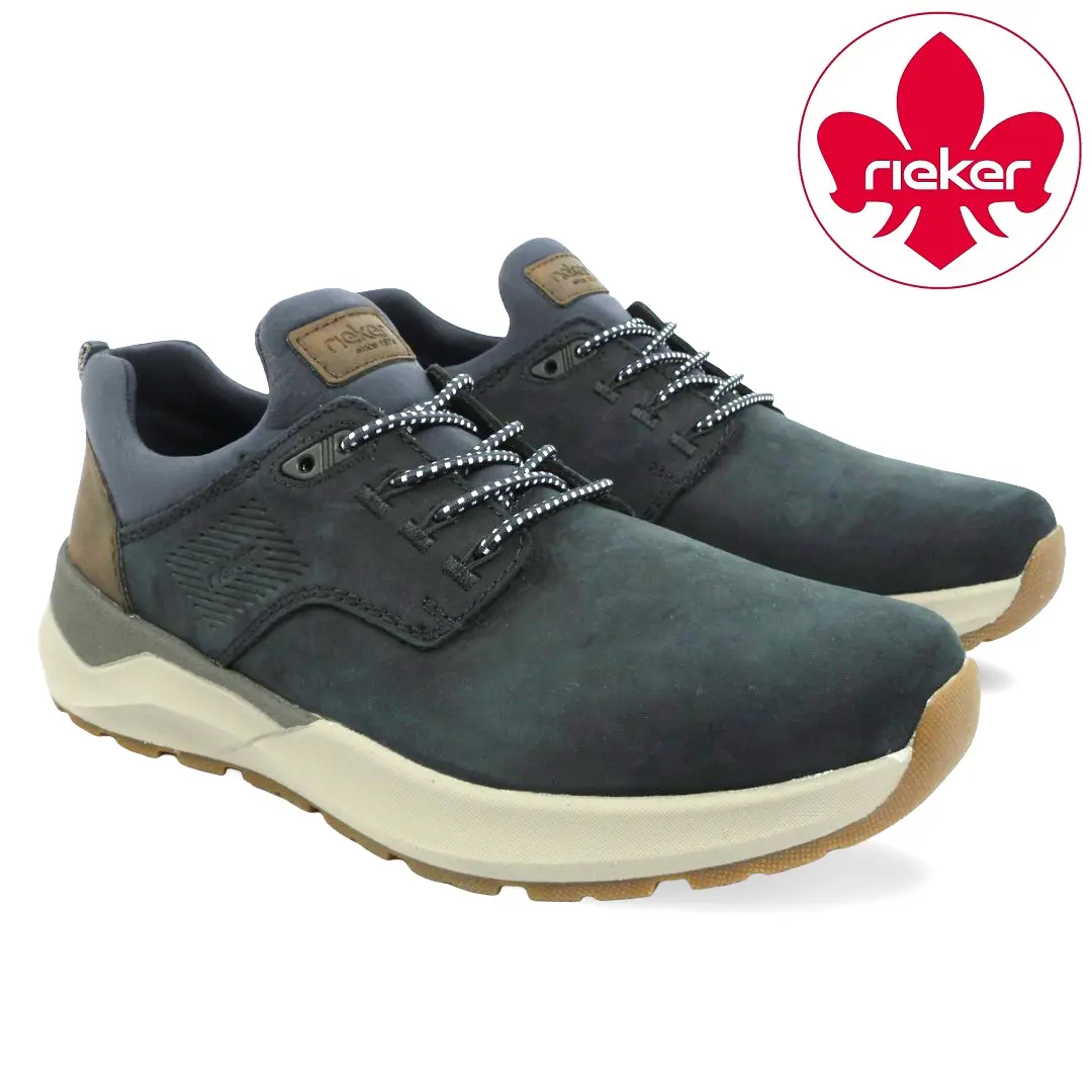 Rieker 0605-14 heren instapsneakers in donkerblauw met sportieve veters, bruine hielaccenten en lichte comfortabele zool.