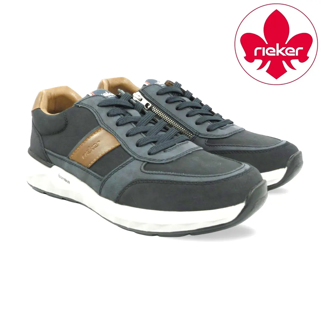 Rieker 11505-14 heren sneakers in donkerblauw met cognac details, veters, ritssluiting en witte FoamTech-zool.