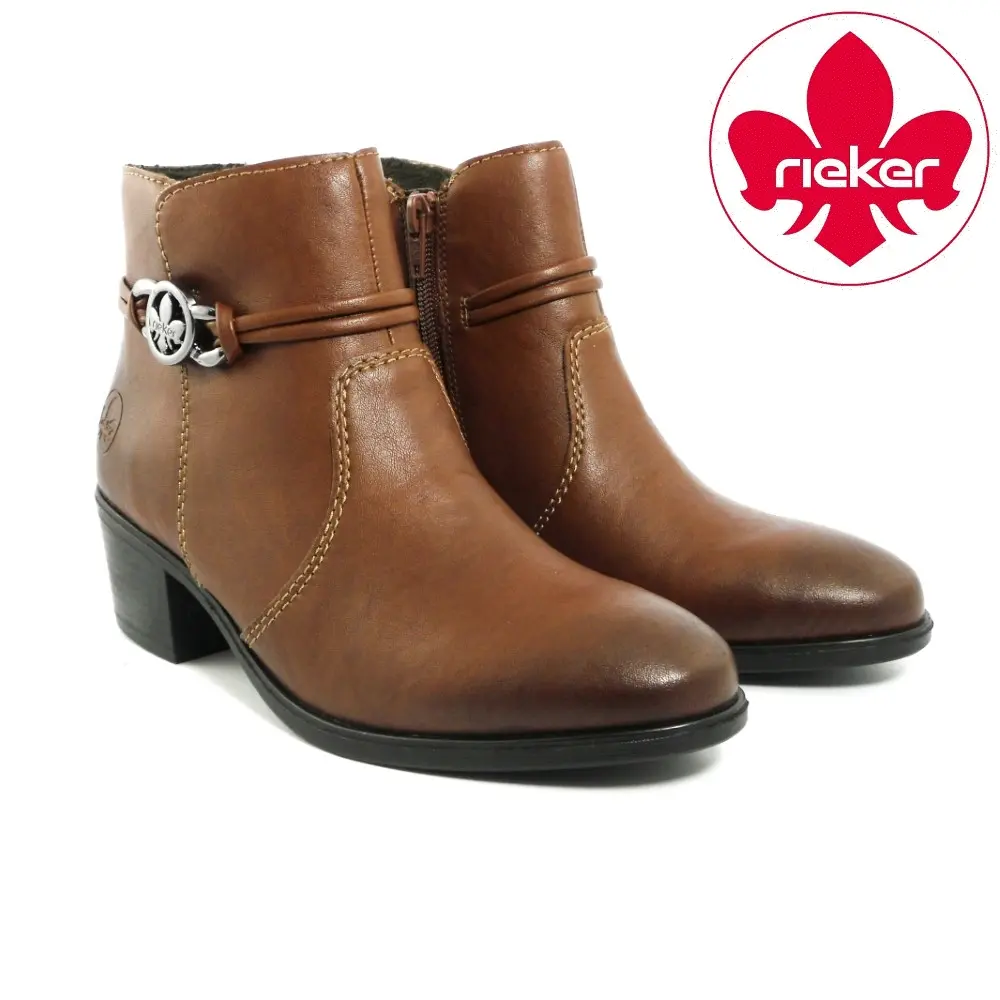 Rieker 73970-22 bruine enkellaarsjes met ritssluiting, blokhak en decoratief enkelbandje