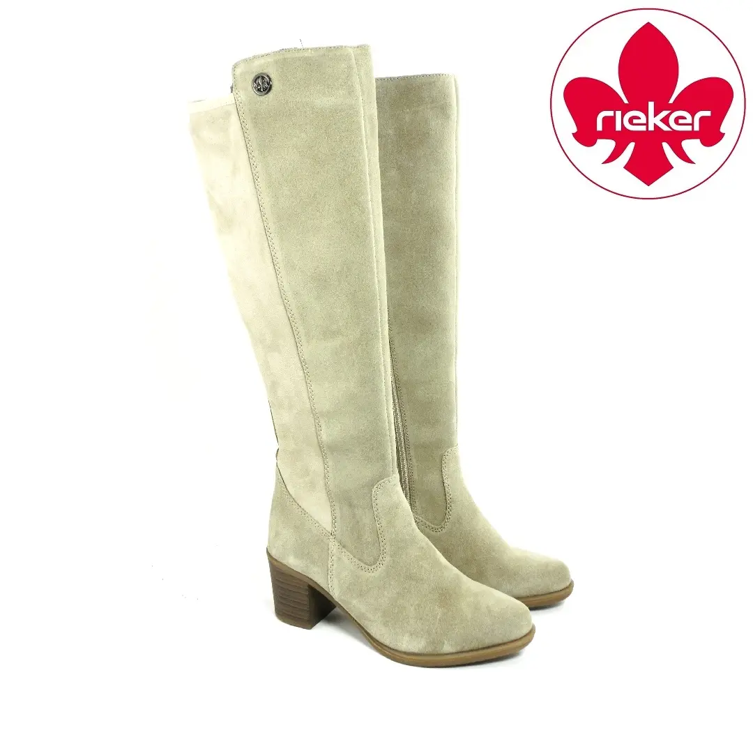 Rieker Y2050-60 hoge dameslaarzen in beige met suède-look, blokhak en elastische schachtinzet