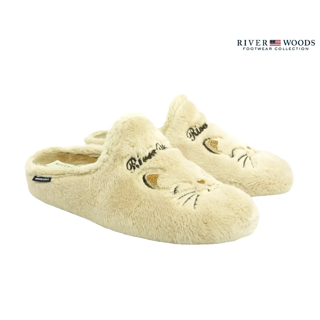Zachte River Woods Bibi Ecru pantoffels met schattig kattengezicht en gouden details, ideaal voor thuisgebruik.