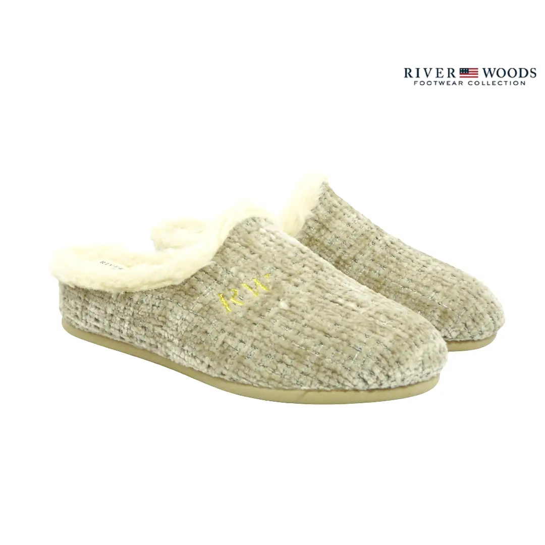 River Woods Boni beige damespantoffels met zachte bontvoering, gemêleerd bovenwerk en goudkleurig RW-logo.