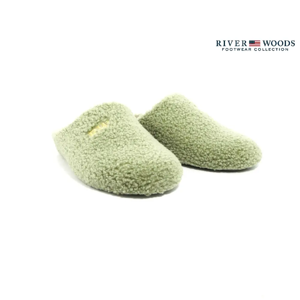 River Woods Pixie lichtgroene damespantoffels in zachte teddylook met subtiel goudkleurig RW-detail