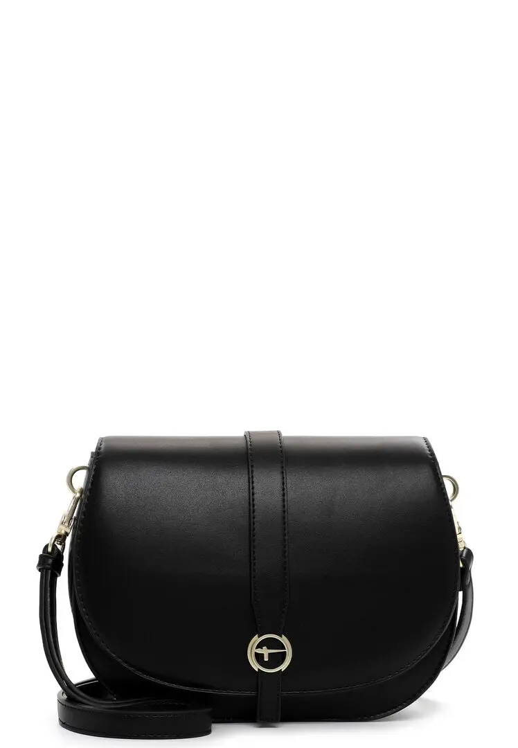 Zwarte crossbodytas van synthetisch leder met klepsluiting en verstelbare riem.
