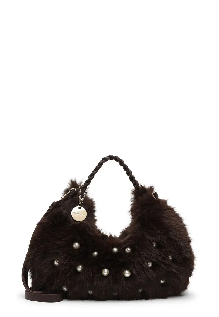 Tamaris donkerbruine fluffy handtas met pareldetails, gevlochten handvat en afneembare schouderriem.