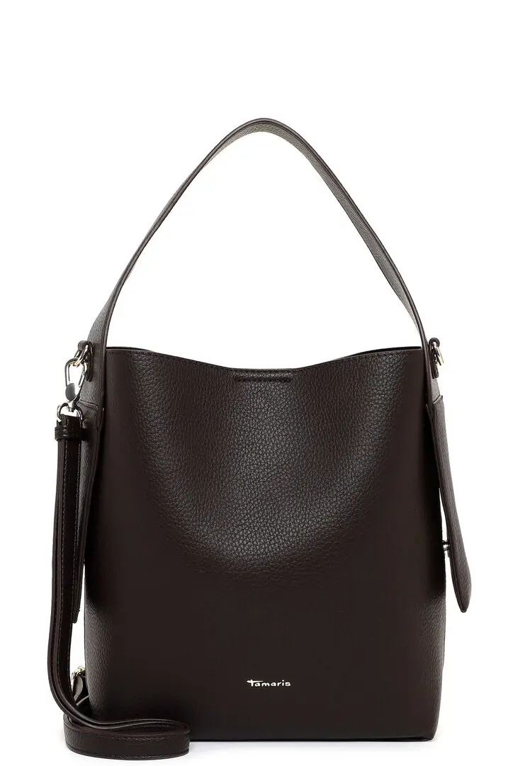 Tamaris donkerbruine dames schoudertas met brede schouderriem, gestructureerde lederlook en minimalistisch design.