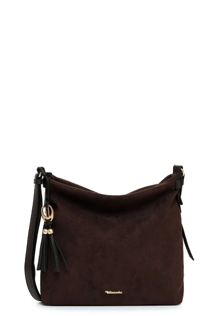 Tamaris donkerbruine dames crossbodytas in suède-look met verstelbare schouderriem, goudkleurige details en decoratieve kwast.