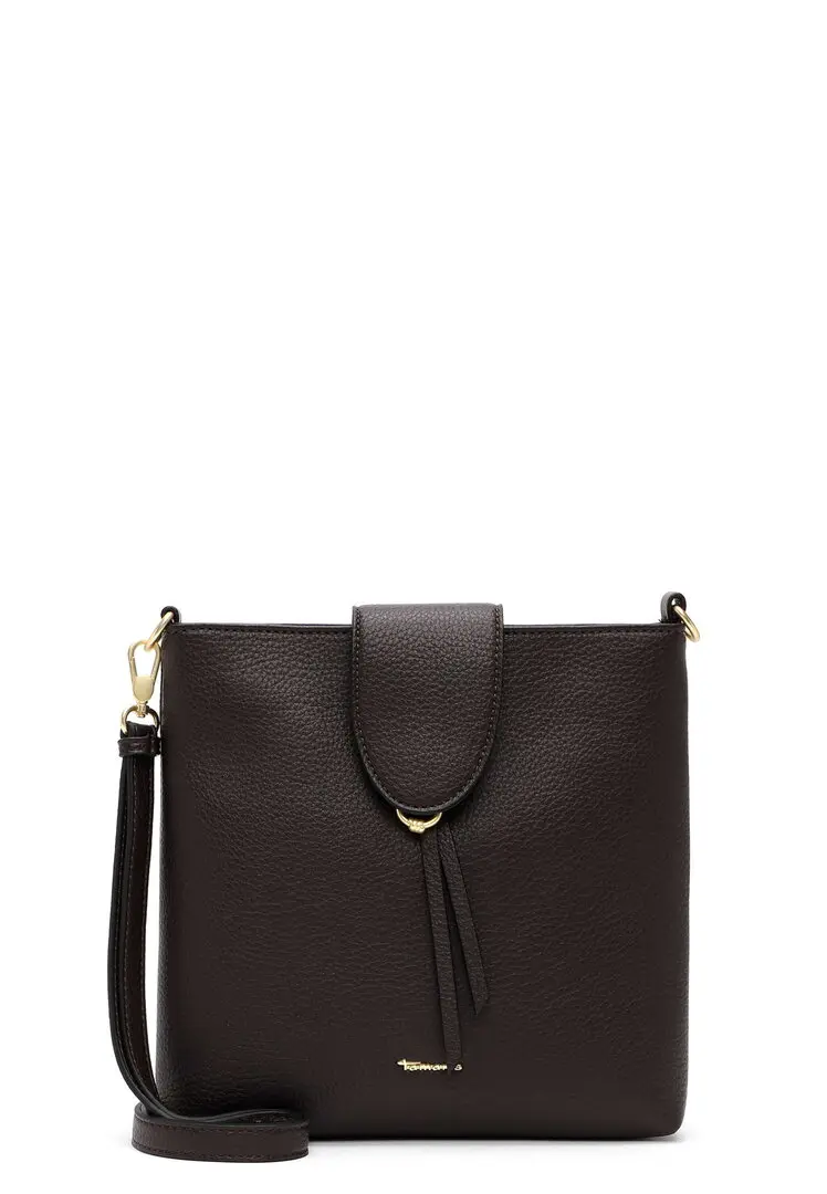 Tamaris donkerbruine dames crossbodytas met klepsluiting, goudkleurige details en verstelbare schouderriem.