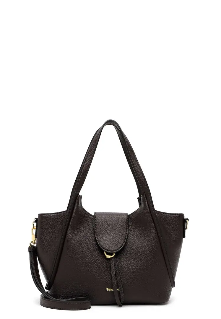Tamaris donkerbruine dames shopper met gestructureerde lederlook, dubbele hengsels, schouderriem en goudkleurige details.