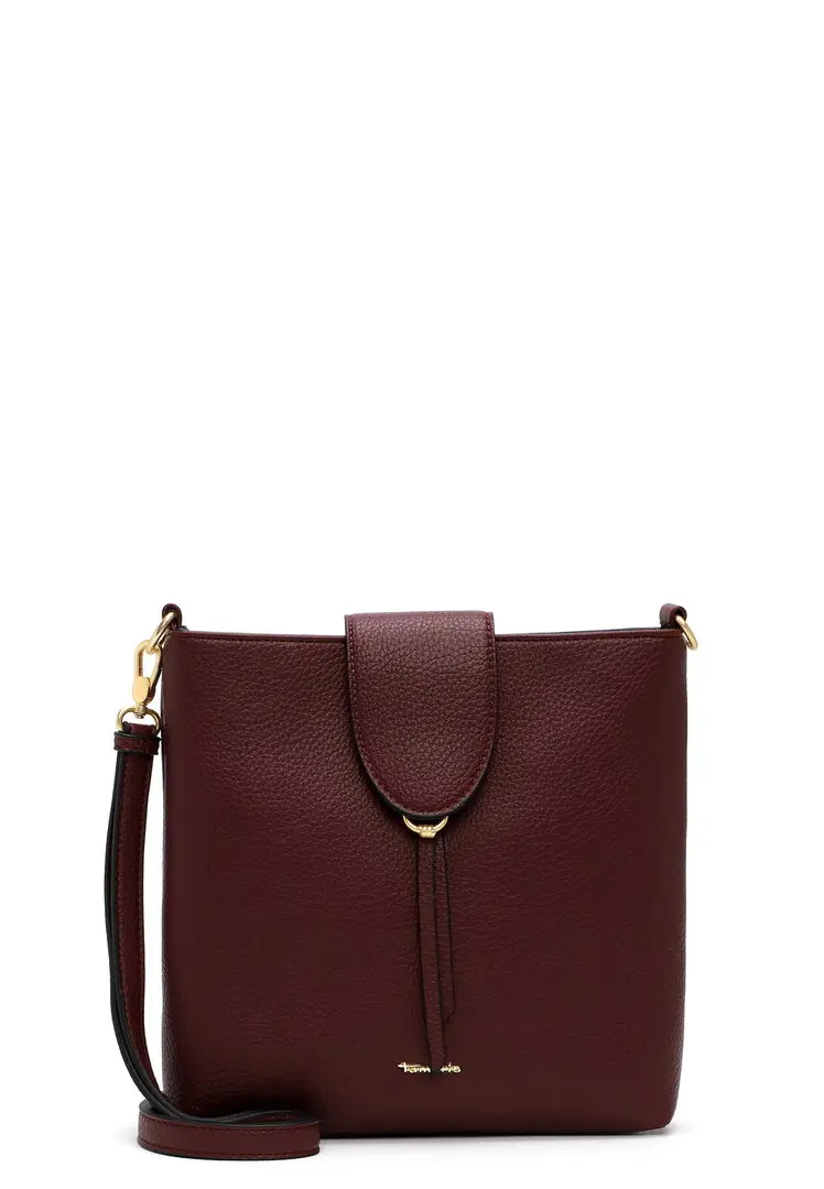 Tamaris bordeaux dames crossbodytas met klepsluiting, goudkleurige details en verstelbare schouderriem.
