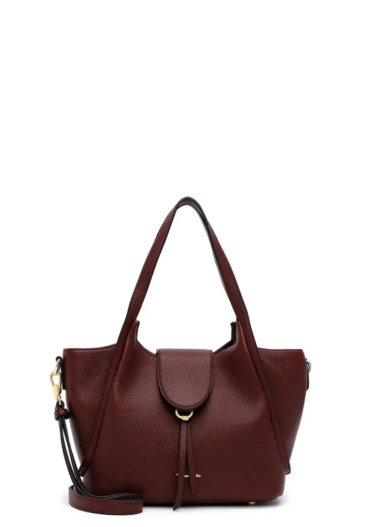 Tamaris bordeaux dames shopper met gestructureerde lederlook, dubbele hengsels, schouderriem en goudkleurige details.