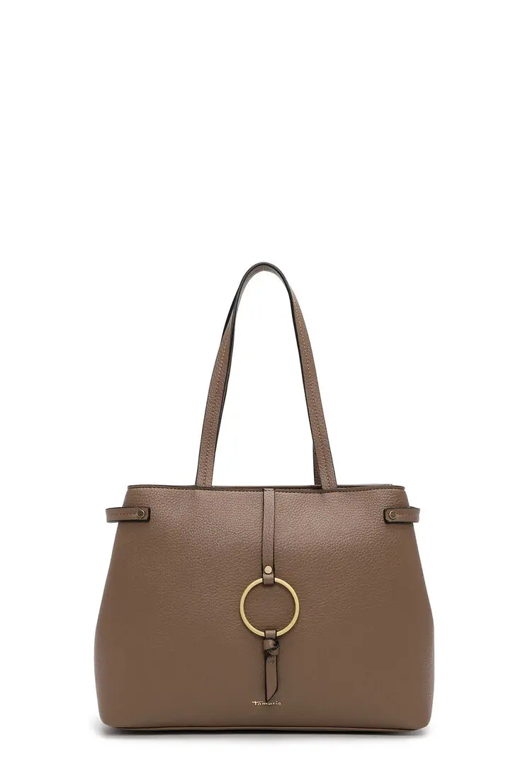 Tamaris taupe shopper met lange hengsels, gestructureerde lederlook en decoratieve goudkleurige ring.