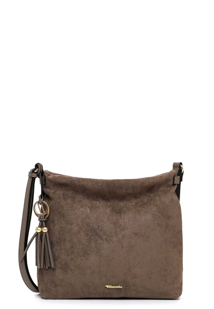 Tamaris taupekleurige dames crossbodytas in suède-look met verstelbare schouderriem, goudkleurige details en decoratieve kwast.