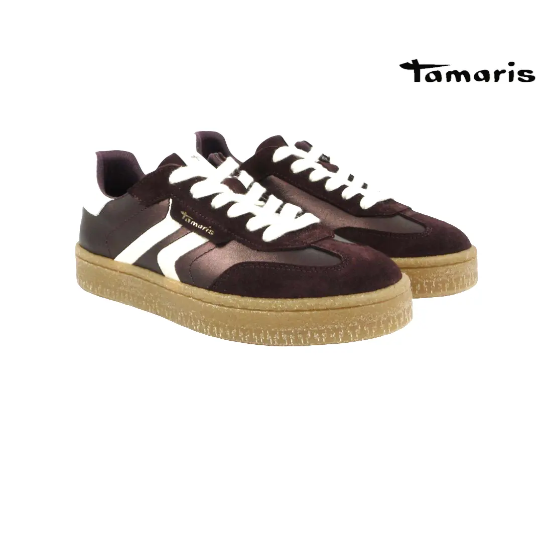 Tamaris 23723 dames sneakers in bordeaux met metallic accenten, witte details, witte veters en lichtbruine plateauzool.