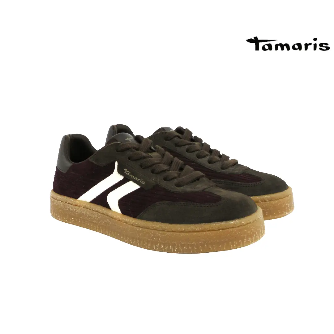 Tamaris 23723 dames sneakers in donker bordeaux en bruin met lichte zijstrepen, vetersluiting en lichtbruine plateauzool.