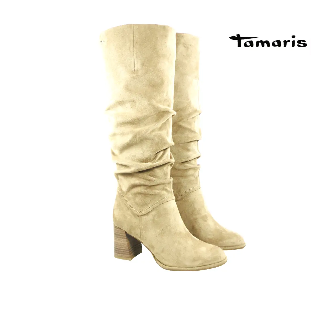 Tamaris 25510 Tan beige dames laarzen met geplooide schacht en stevige blokhak.