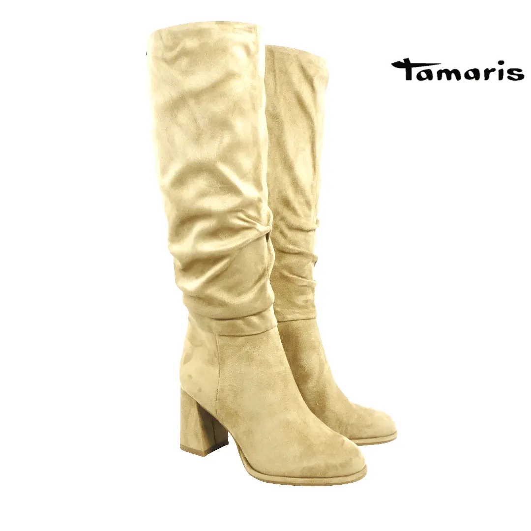 Beige Tamaris hoge laarzen van suède-look met blokhak en elegante plooischacht.