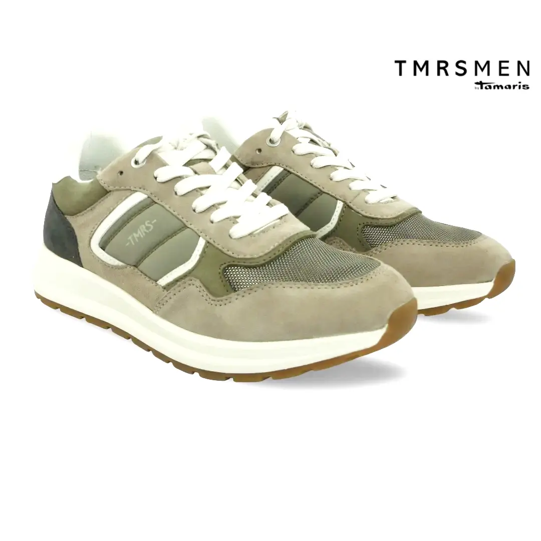Tamaris Men sneaker in olive combi met suède en mesh details.